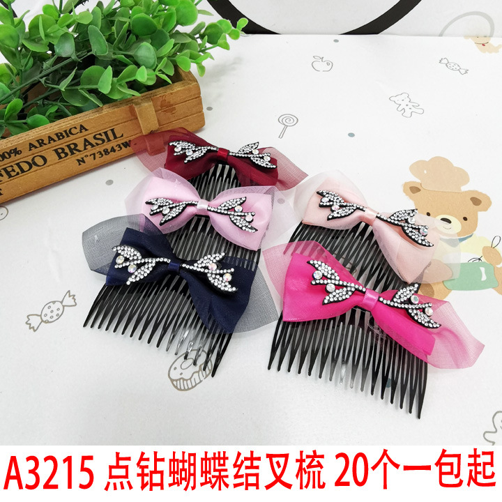 A3215 dot diamond bow fork Comb Japanese and Korean hair comb Fork Comb Hair accessory Headwear plug Comb 2-yuan store wholesale supply