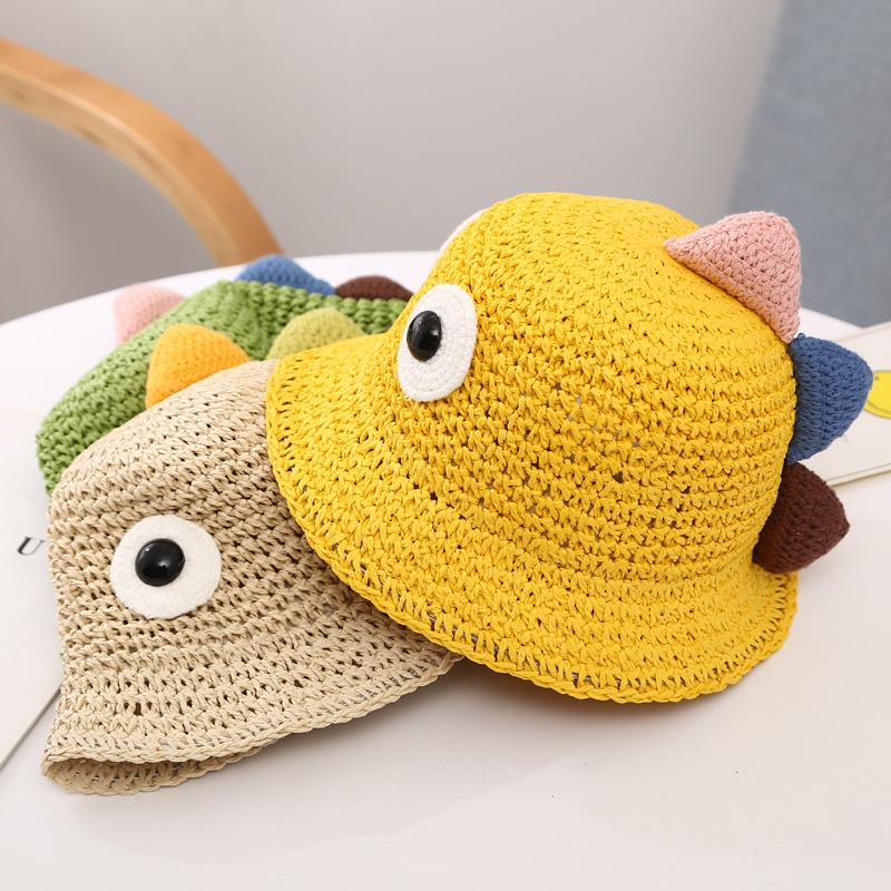 New children's straw hats, cartoon dinosaur straw woven sun hats, outdoor beach hats for boys and girls, sun protection and shade hats Specification drawing