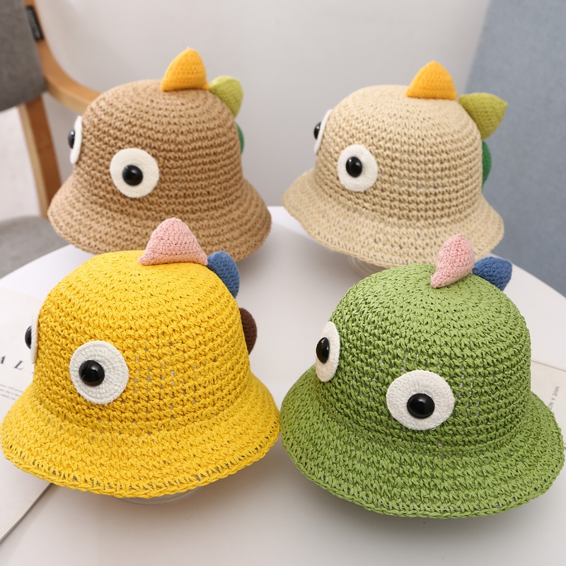 New children's straw hats, cartoon dinosaur straw woven sun hats, outdoor beach hats for boys and girls, sun protection and shade hats details Picture