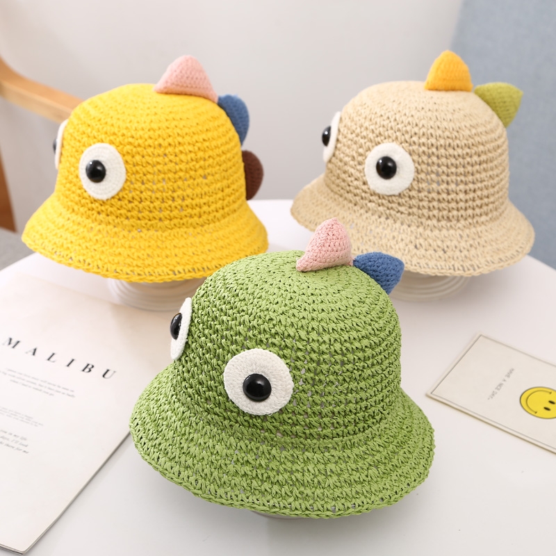 New children's straw hats, cartoon dinosaur straw woven sun hats, outdoor beach hats for boys and girls, sun protection and shade hats full figure