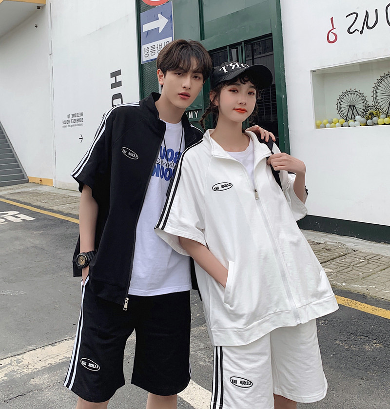 877# [Real shot of 6535 fish Scales] Summer short-sleeved couple's sportswear set, student campus class uniform set