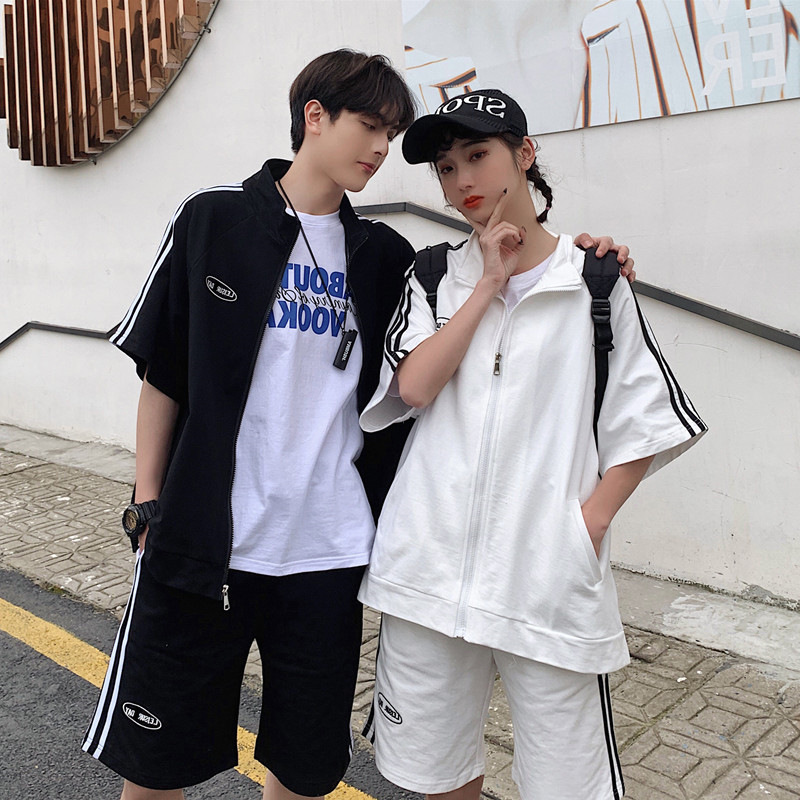 877# [Real shot of 6535 fish Scales] Summer short-sleeved couple's sportswear set, student campus class uniform set details Picture