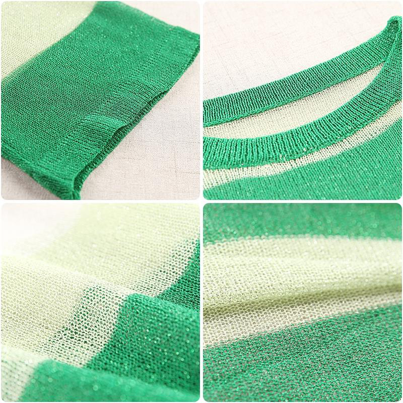 02# See-through shiny silk sparkling knitted sweater for women's summer, three-quarter sleeve, striped, color-blocked loose, sun-protective, thin chic top Application Scenario