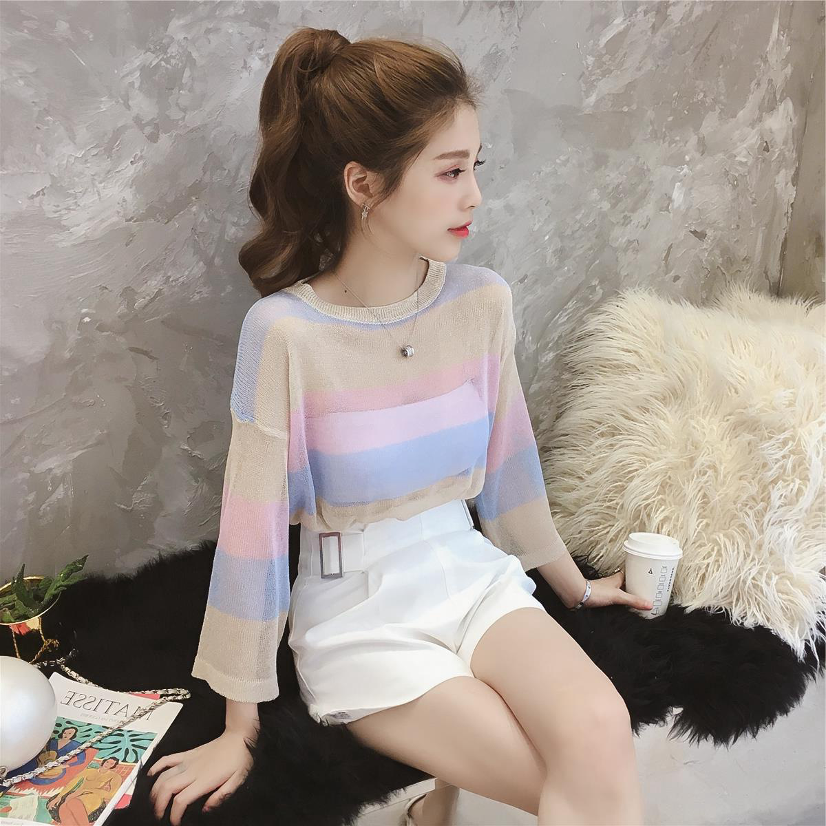 02# See-through shiny silk sparkling knitted sweater for women's summer, three-quarter sleeve, striped, color-blocked loose, sun-protective, thin chic top