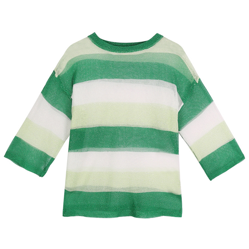 02# See-through shiny silk sparkling knitted sweater for women's summer, three-quarter sleeve, striped, color-blocked loose, sun-protective, thin chic top Item Picture