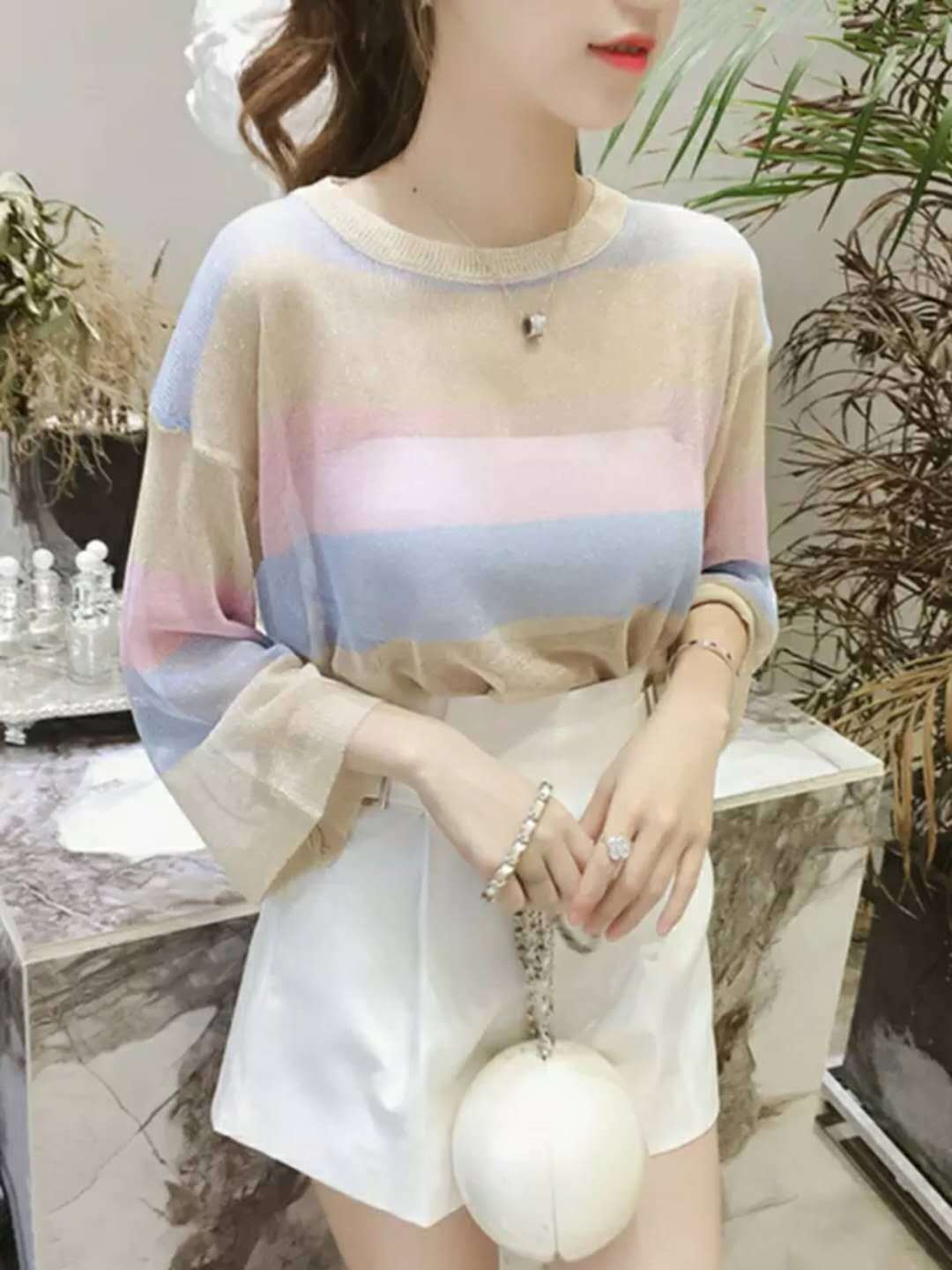 02# See-through shiny silk sparkling knitted sweater for women's summer, three-quarter sleeve, striped, color-blocked loose, sun-protective, thin chic top Specification image