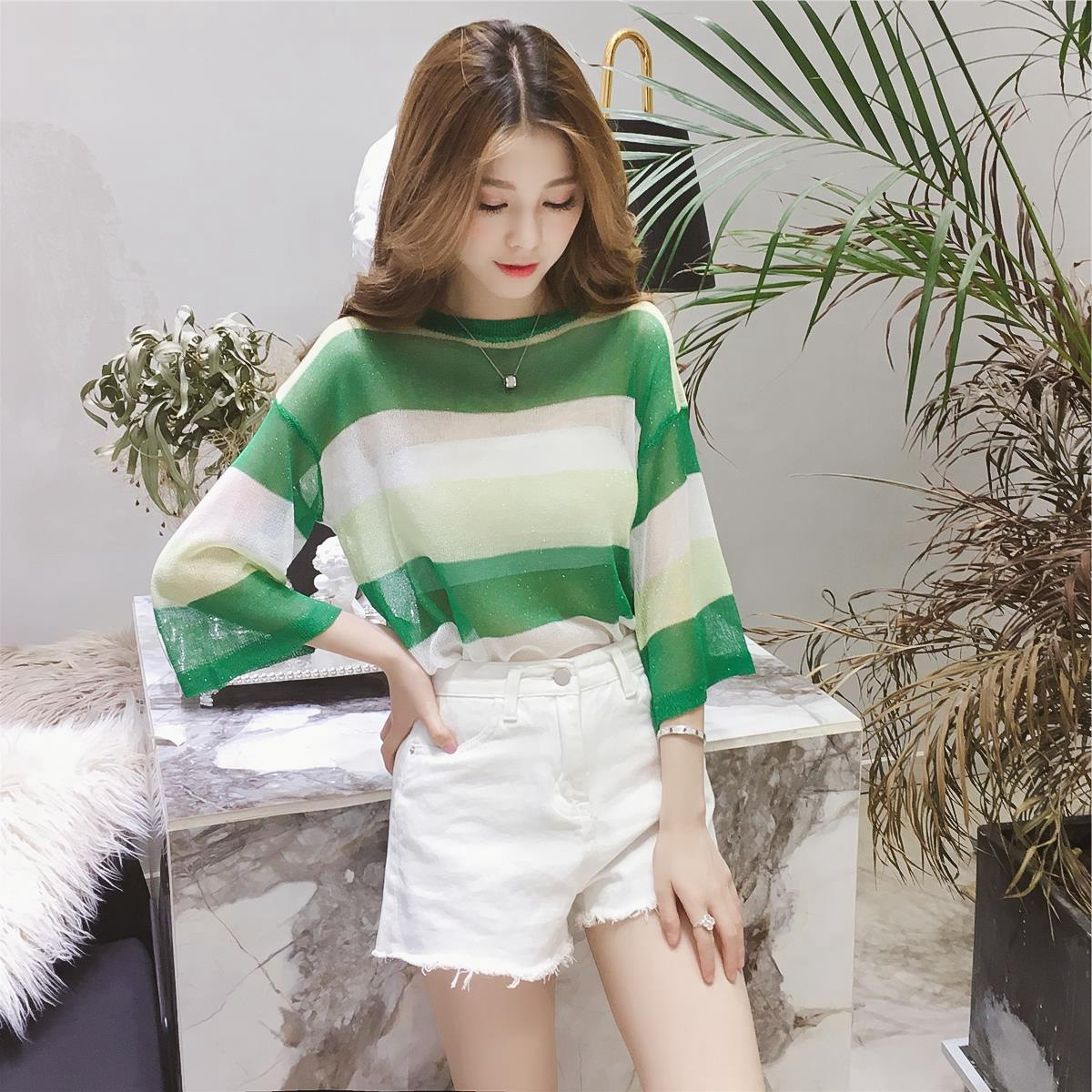 02# See-through shiny silk sparkling knitted sweater for women's summer, three-quarter sleeve, striped, color-blocked loose, sun-protective, thin chic top details Picture