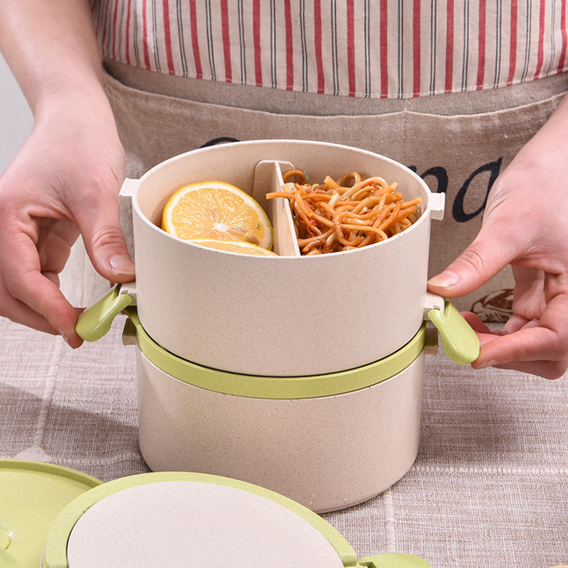 Japanese-style wheat straw round eco-friendly 3-layer plastic microwave oven heated lunch box, sealed and separated Specification image