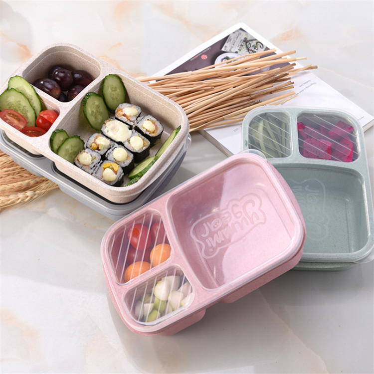Wheat straw three-compartment lunch box, food-grade lunch box, bento box, transparent lid, portable tableware for work and travel Specification image