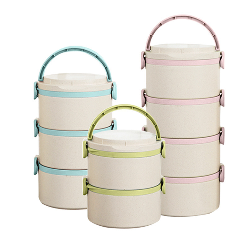 Japanese-style wheat straw round eco-friendly 3-layer plastic microwave oven heated lunch box, sealed and separated Item Picture