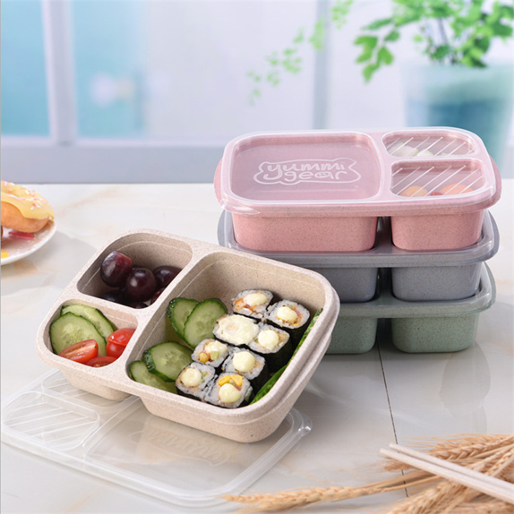 Wheat straw three-compartment lunch box, food-grade lunch box, bento box, transparent lid, portable tableware for work and travel
