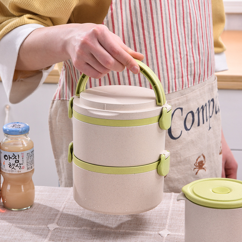 Japanese-style wheat straw round eco-friendly 3-layer plastic microwave oven heated lunch box, sealed and separated details Picture