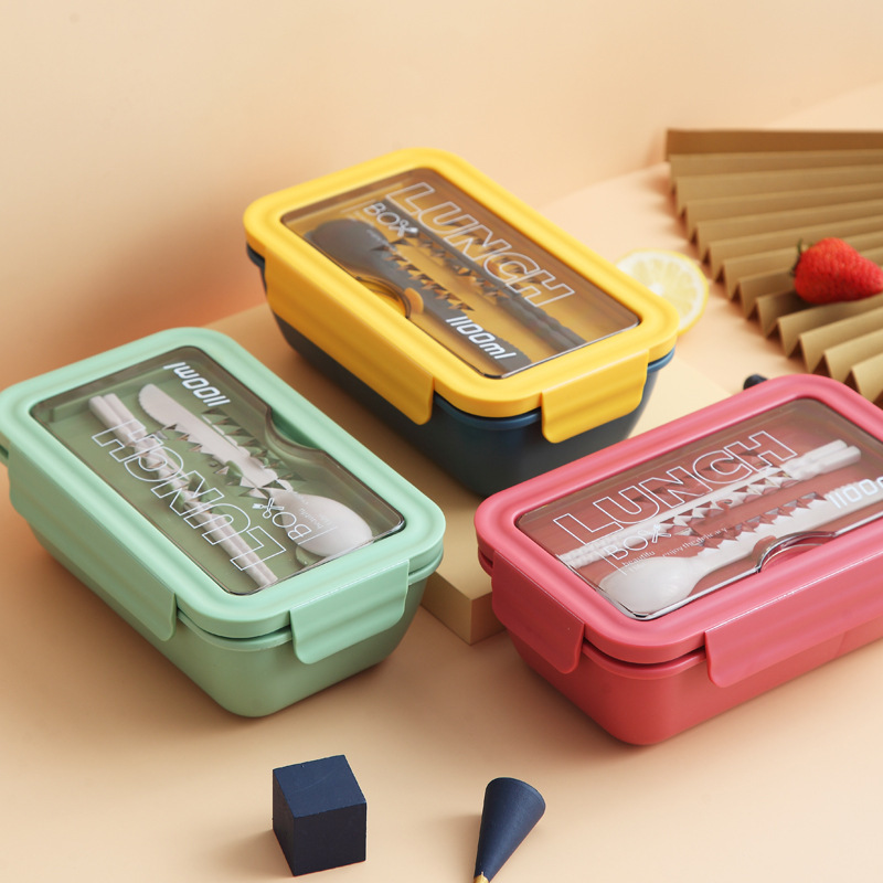 New Japanese-style bento box, plastic lunch box, simple, sealed and leak-proof, adult and student compartments lunch box tableware set Application Scenario