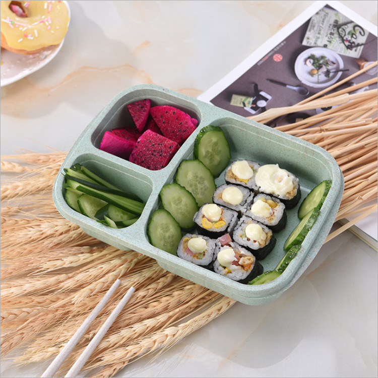 Wheat straw three-compartment lunch box, food-grade lunch box, bento box, transparent lid, portable tableware for work and travel details Picture