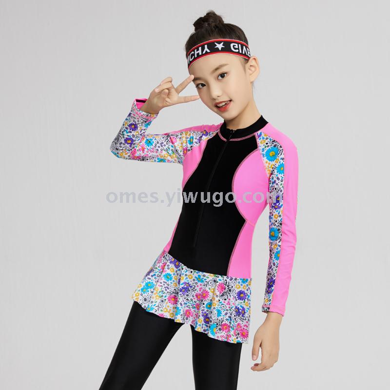 儿童运动连体长袖潜水游泳衣水母服中大童女训练泳衣速干