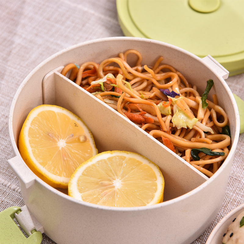 Japanese-style wheat straw round eco-friendly 3-layer plastic microwave oven heated lunch box, sealed and separated Application Scenario