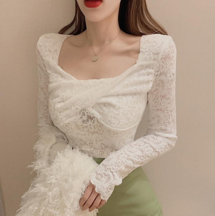 V-neck Korean-style see-through lace base shirt for women's spring and autumn, stylish and sexy, cut-out long-sleeved top S1332 cross lace