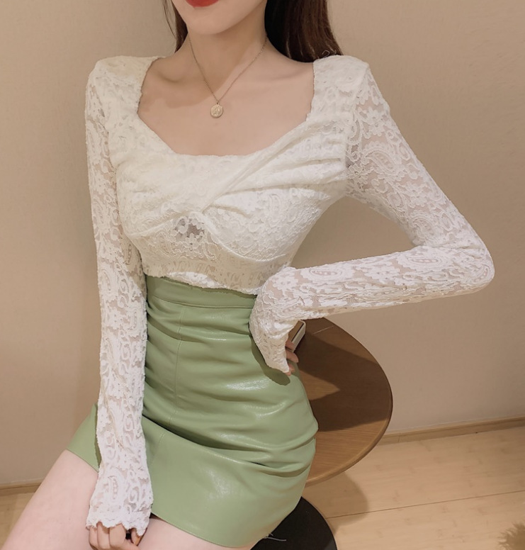 V-neck Korean-style see-through lace base shirt for women's spring and autumn, stylish and sexy, cut-out long-sleeved top S1332 cross lace Application Scenario