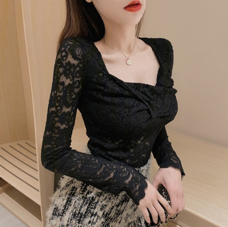V-neck Korean-style see-through lace base shirt for women's spring and autumn, stylish and sexy, cut-out long-sleeved top S1332 cross lace details Picture