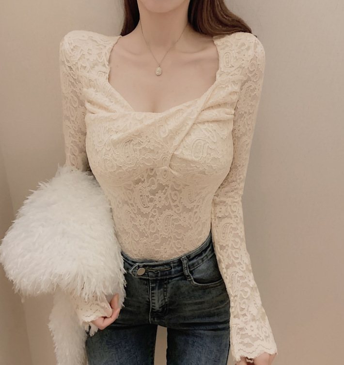 V-neck Korean-style see-through lace base shirt for women's spring and autumn, stylish and sexy, cut-out long-sleeved top S1332 cross lace Specification image