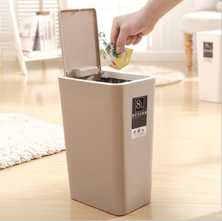The manufacturer's 12-liter press-type trash can is a medium-sized rectangular plastic household trash can with a lid for the living room Specification image