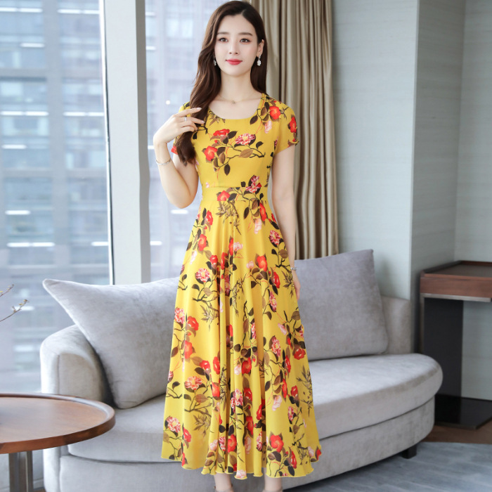 The 2020 new round neck short-sleeved slimming women's long dress with a large floral swing that reaches the knees and looks extremely ethereal Specification image