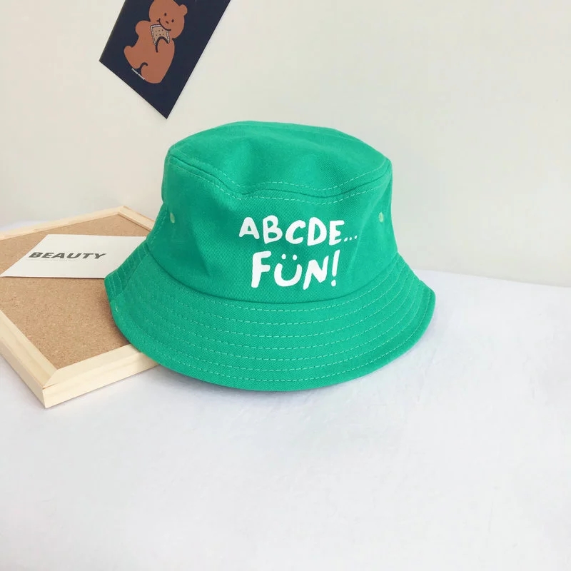 Korean InS-style solid-color lettered children's sunshade fisherman hat for spring and summer, new trendy men's and women's flat-topped basin hat ht Item Picture