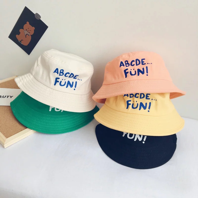 Korean InS-style solid-color lettered children's sunshade fisherman hat for spring and summer, new trendy men's and women's flat-topped basin hat ht full figure