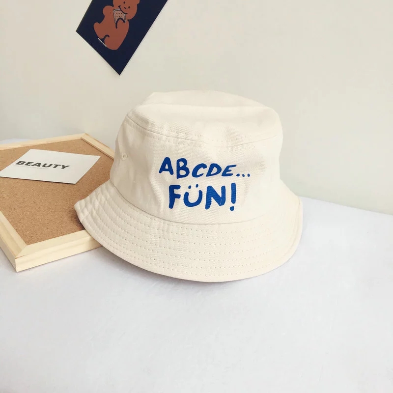 Korean InS-style solid-color lettered children's sunshade fisherman hat for spring and summer, new trendy men's and women's flat-topped basin hat ht details Picture