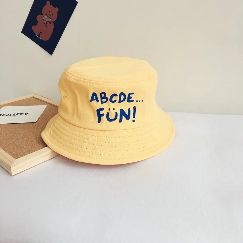 Korean InS-style solid-color lettered children's sunshade fisherman hat for spring and summer, new trendy men's and women's flat-topped basin hat ht Specification drawing