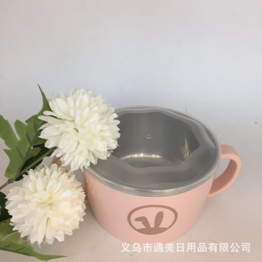 2020 new stainless steel children's bowl cartoon double handle with lid rice bowl baby complementary food tableware manufacturers wholesale thumbnail