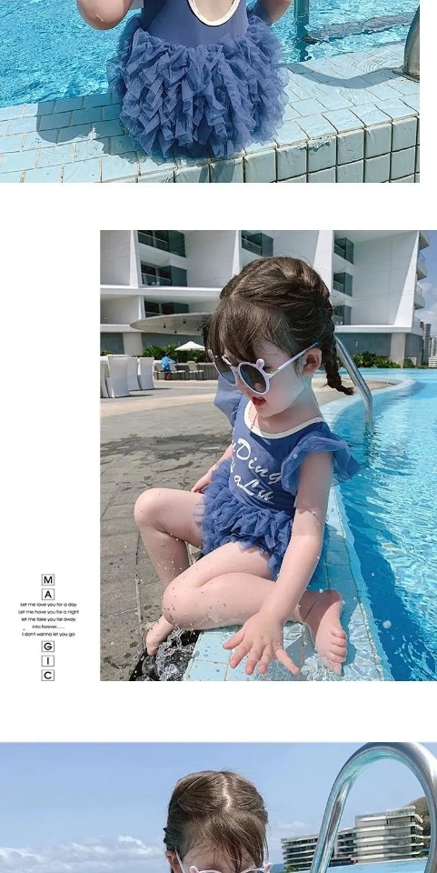 2022 Summer Korean-style children's lace princess swimsuits, stylish baby girls' triangular one-piece swimming suits for little girls Specification drawing