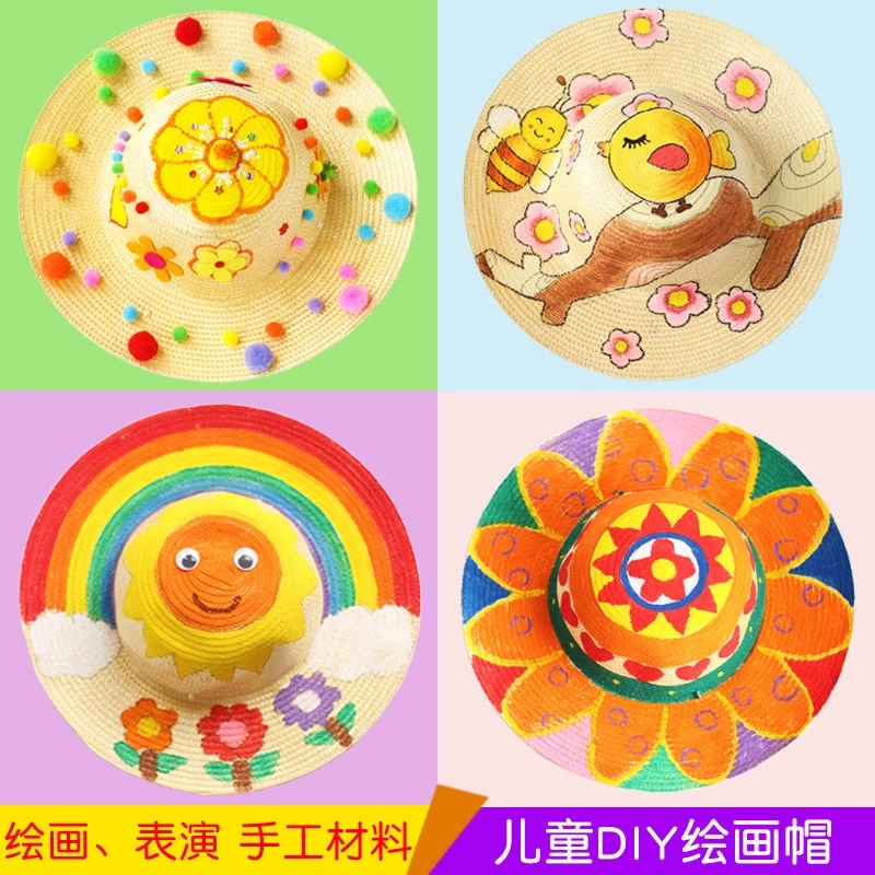 Children's diy hand-painted straw hats, graffiti, coloring, blank hats, creative art materials for kindergartens Application Scenario