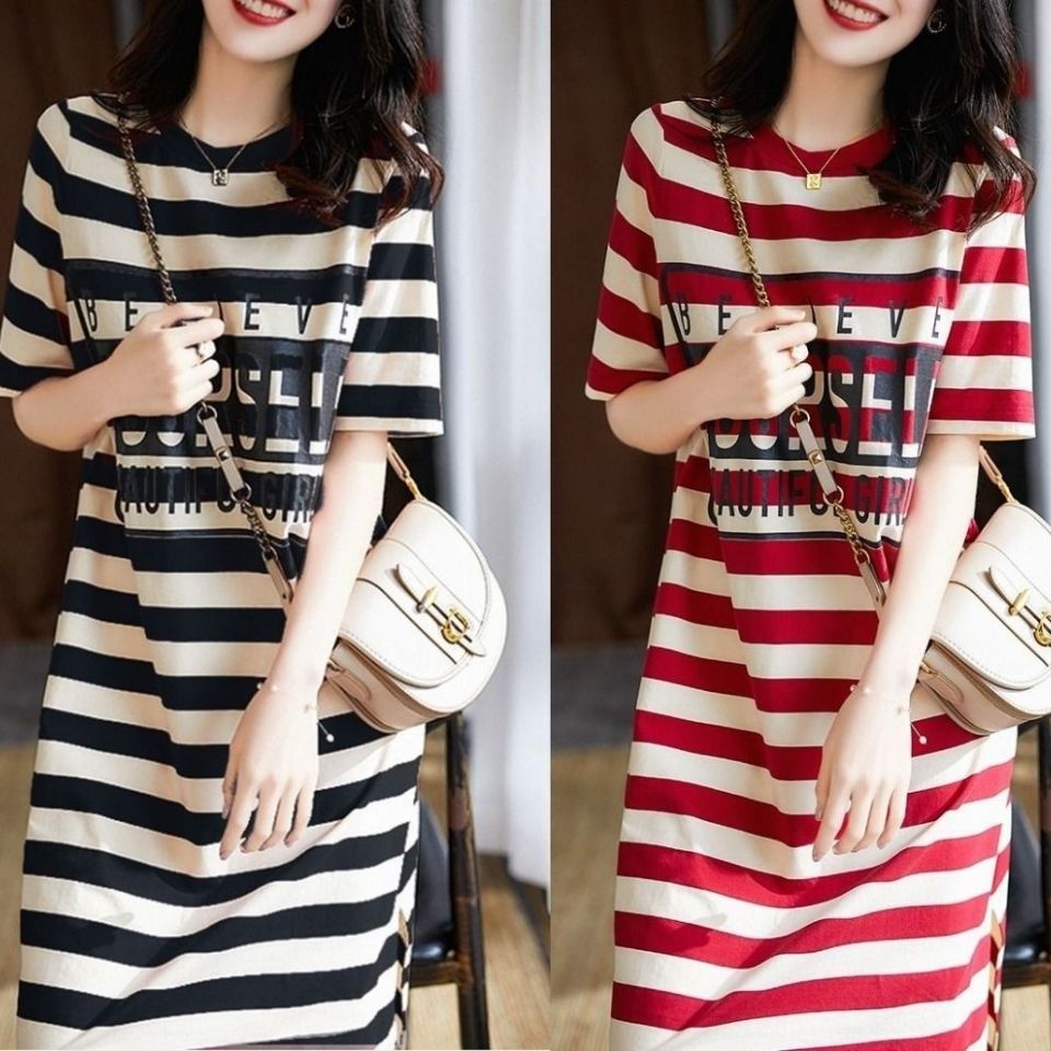 122# Summer loose and slimming striped printed T-shirt dress for women's clothing, mid-length Korean style fairy dress for students, trendy