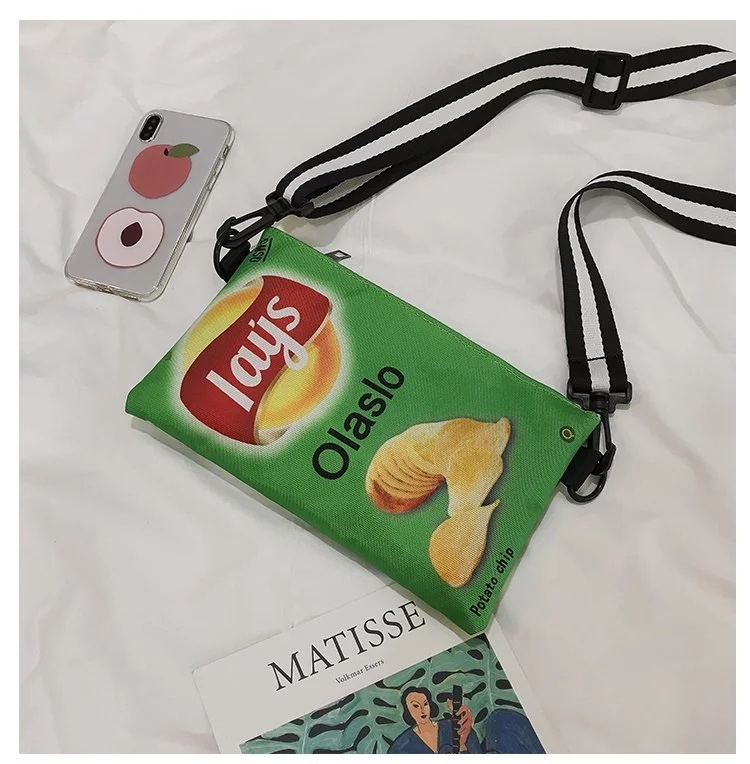 New bestseller: Personalized girl's crossbody single-shoulder bag, fun wide shoulder strap, potato chip canvas casual cartoon small shoulder bag details Picture
