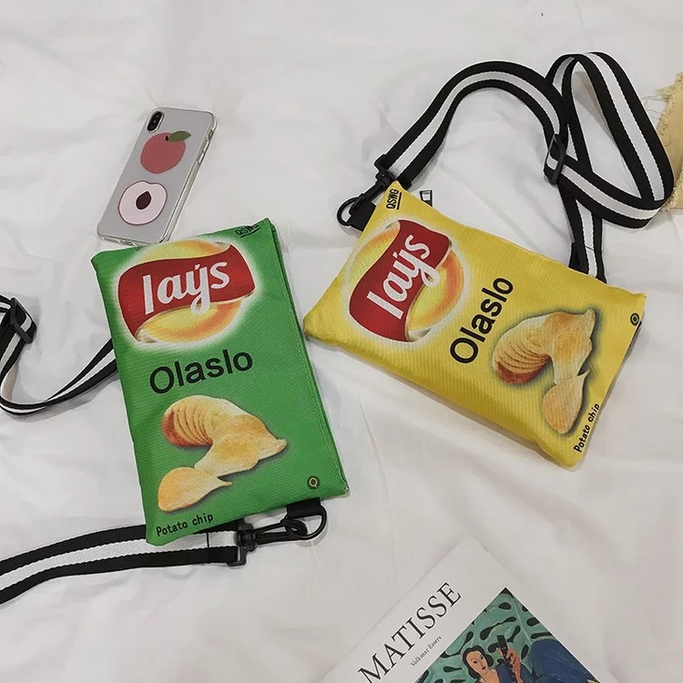 New bestseller: Personalized girl's crossbody single-shoulder bag, fun wide shoulder strap, potato chip canvas casual cartoon small shoulder bag full figure