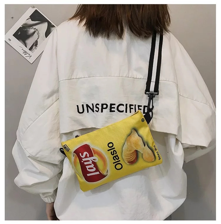 New bestseller: Personalized girl's crossbody single-shoulder bag, fun wide shoulder strap, potato chip canvas casual cartoon small shoulder bag Application Scenario