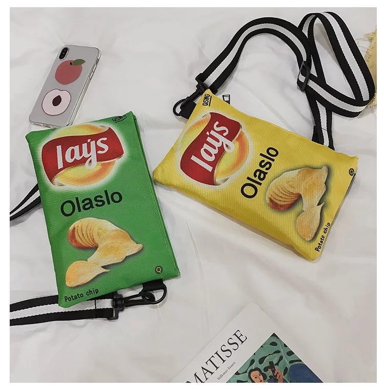 New bestseller: Personalized girl's crossbody single-shoulder bag, fun wide shoulder strap, potato chip canvas casual cartoon small shoulder bag Item Picture