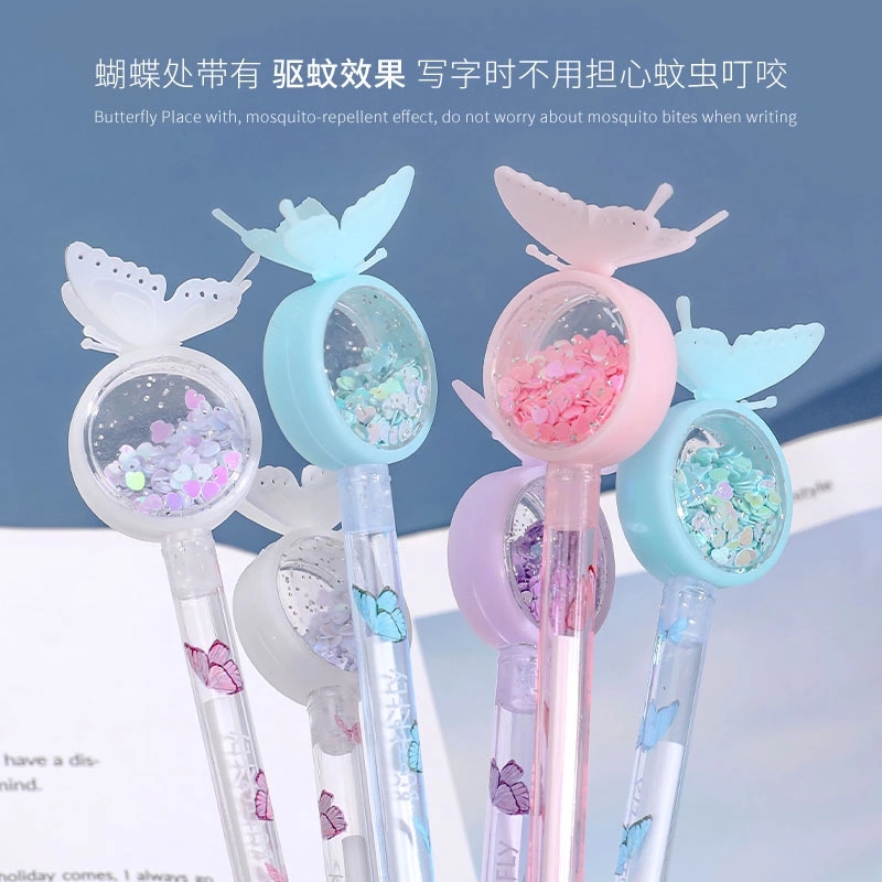 ins girl heart Sequined butterfly gel pen, cute and creative mosquito repellent signature pen, student exam pen, office gel pen Specification drawing