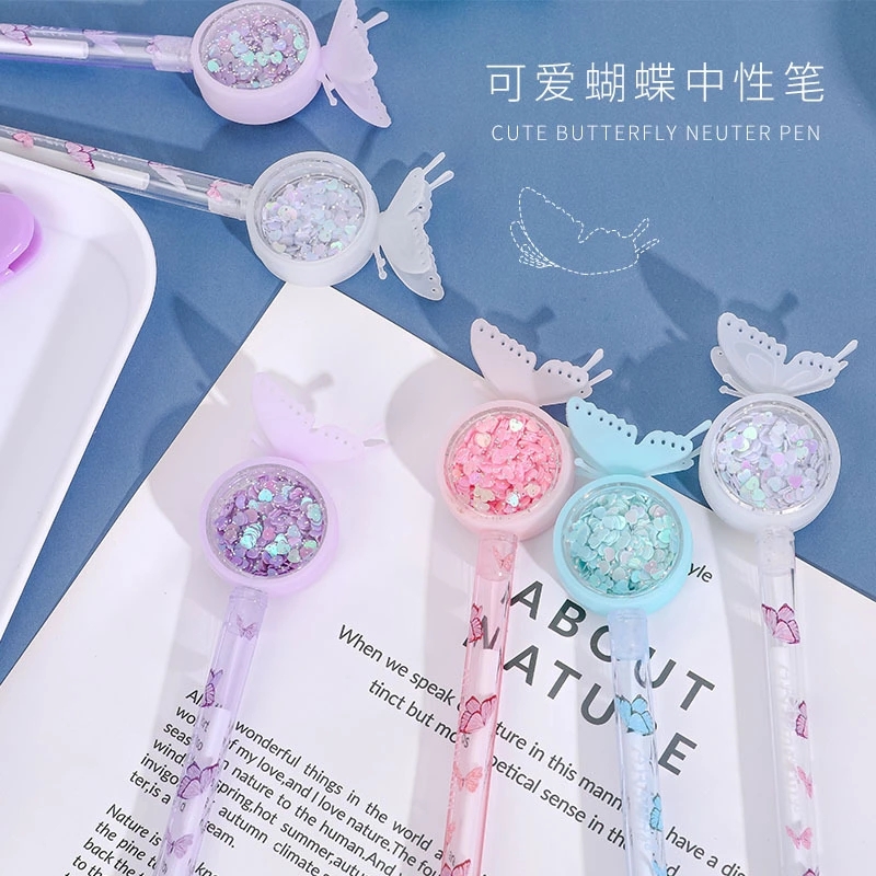 ins girl heart Sequined butterfly gel pen, cute and creative mosquito repellent signature pen, student exam pen, office gel pen details Picture