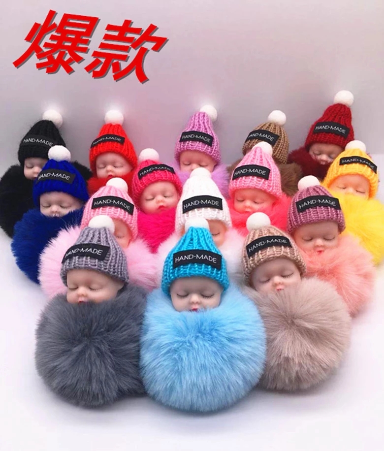 Cute sleeping doll Pom-pom Pendant, adorable sleeping doll pom-pom keychain bag pendant, Fur car pendant h full figure