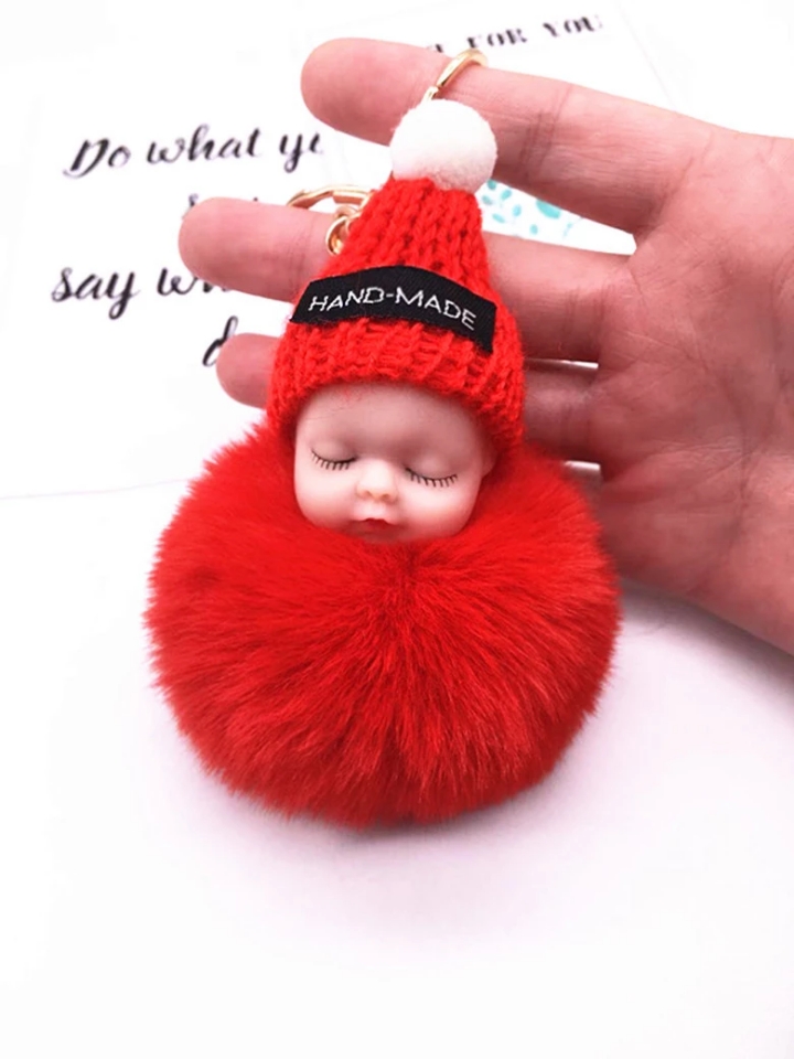 Cute sleeping doll Pom-pom Pendant, adorable sleeping doll pom-pom keychain bag pendant, Fur car pendant h Specification drawing