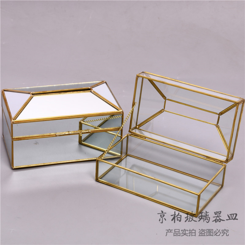 北欧创意轻奢玻璃黄铜纸巾盒客厅样板间镜面抽纸盒桌面收纳盒摆件详情图3
