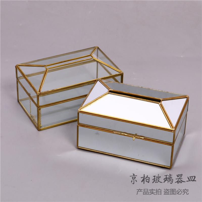北欧创意轻奢玻璃黄铜纸巾盒客厅样板间镜面抽纸盒桌面收纳盒摆件详情图4
