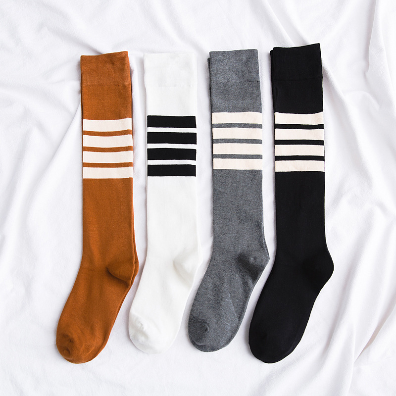 Yang Mi's same style long thigh-high socks for women, striped calf socks, Japanese school style, grey knee-high socks Item Picture
