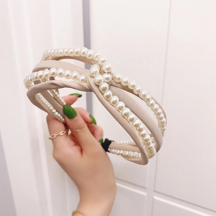 Korean candy-colored pearl beaded fabric hairband with a cross hook in the middle, wide edge lantern pressing hair accessory for women Item Picture