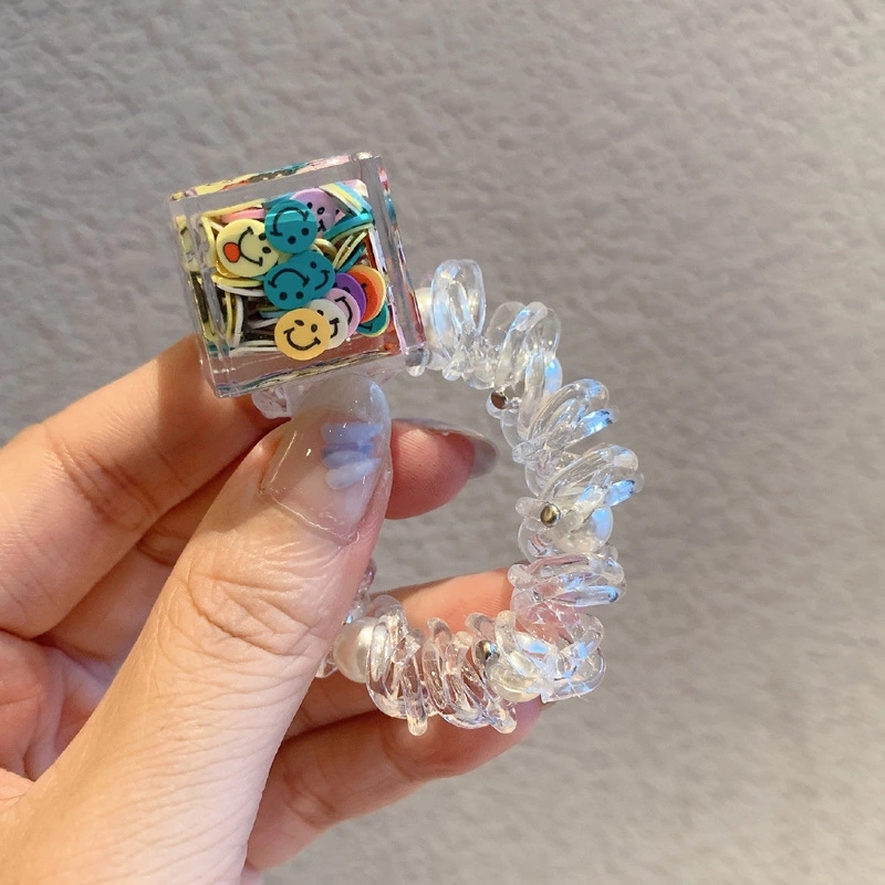 Korean-style smiling face hair tie for girls, Korean version cute sequined square girl hair tie, hair band, hair tie and hair accessory Item Picture