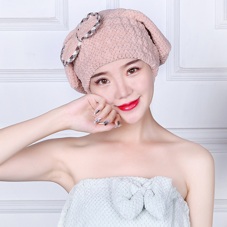 Warp braided coral velvet pineapple check hair cap cute adult bow thickened absorbent soft no hair drop no color thumbnail