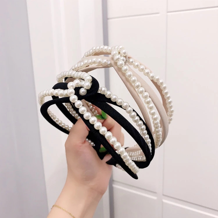 Korean candy-colored pearl beaded fabric hairband with a cross hook in the middle, wide edge lantern pressing hair accessory for women Specification drawing