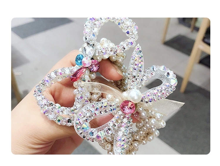 New Korean ins sparkling water diamond mesh, pearl bow tie, elastic pearl hair tie, hair band, rubber band ht details Picture